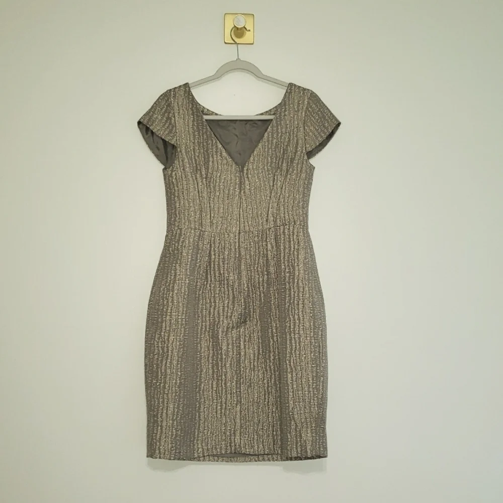 Helene Berman London Sheath Dress 10 Taupe V-Back Wedding Guest Cocktail Event
